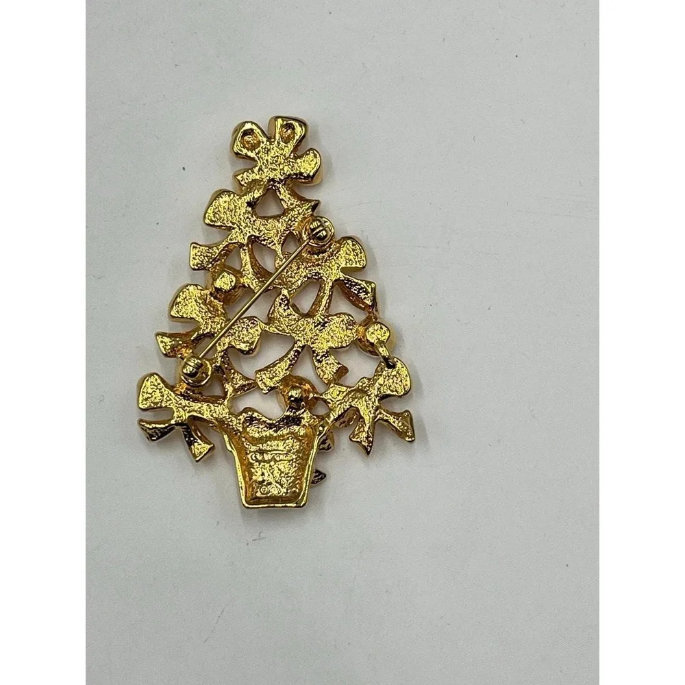 Avon Vintage‎ Christmas Tree Gold Tone AB Rhinestone Bows 1992 Holiday Brooch